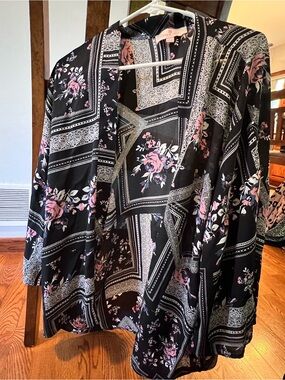 Black Floral Open-Front Cape Jacket with Pink Accents